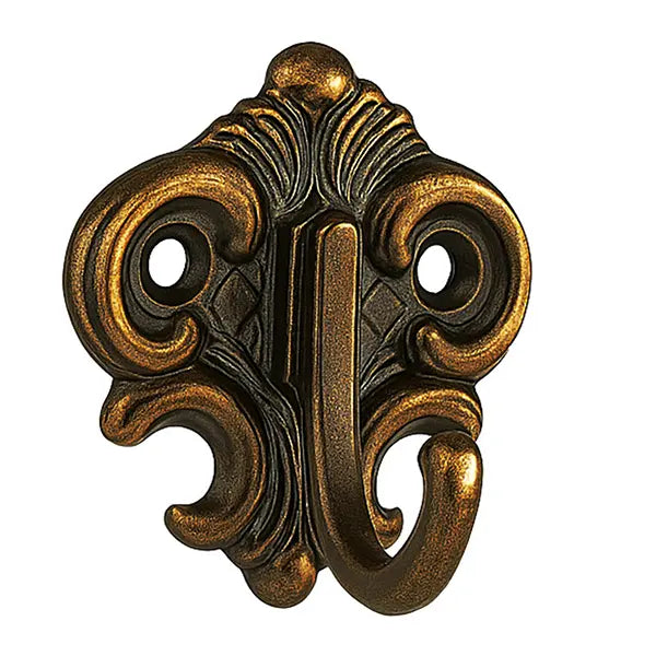 Barock-/Jugendstil-Mantelhaken in Messing brüniert mit verschnörkelter Wandplatte.