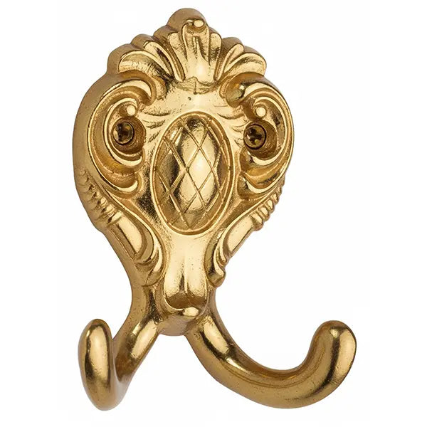 Luxuriöser Mantelhaken aus Messing poliert, glänzendes Gold-Finish mit historischem Ornament für Altbau oder klassische Interieurs.