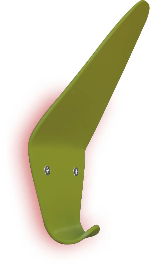 Garderobenhaken "Syndey" in Rautenform in der Farbe Grün mit rückseitiger angebrachter roter Fläche, die einen rötlichen Schatten an die Wand wirft.