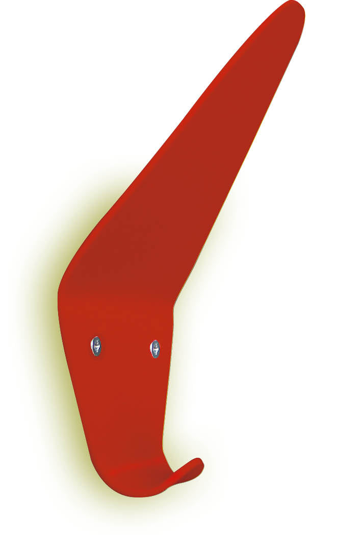 Garderobenhaken "Syndey" in Rautenform in der Farbe Rot mit rückseitiger angebrachter grüner Fläche, die einen grünlichen Schatten an die Wand wirft.