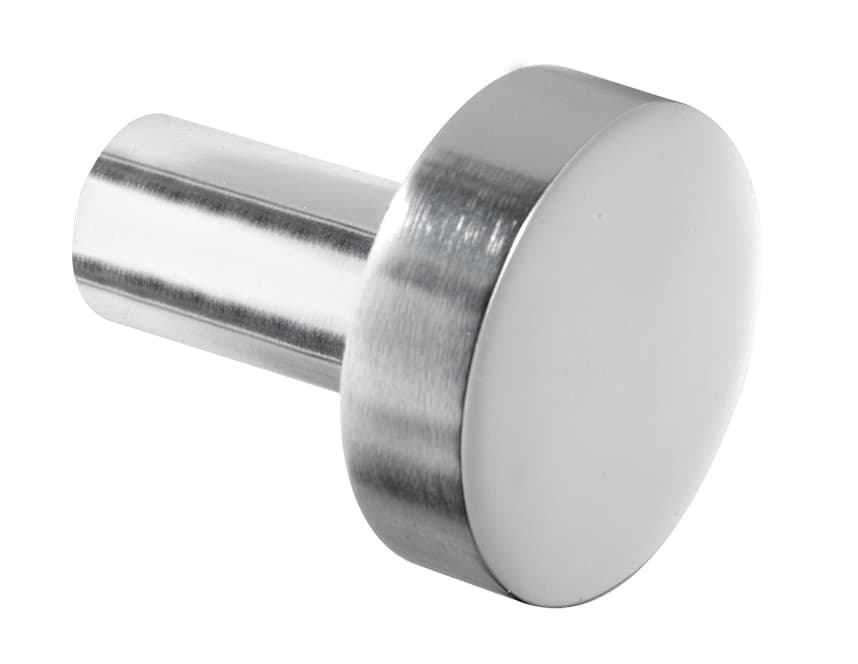 Moderner Wandhaken, kreisförmig, in Aluminium silber eloxiert.