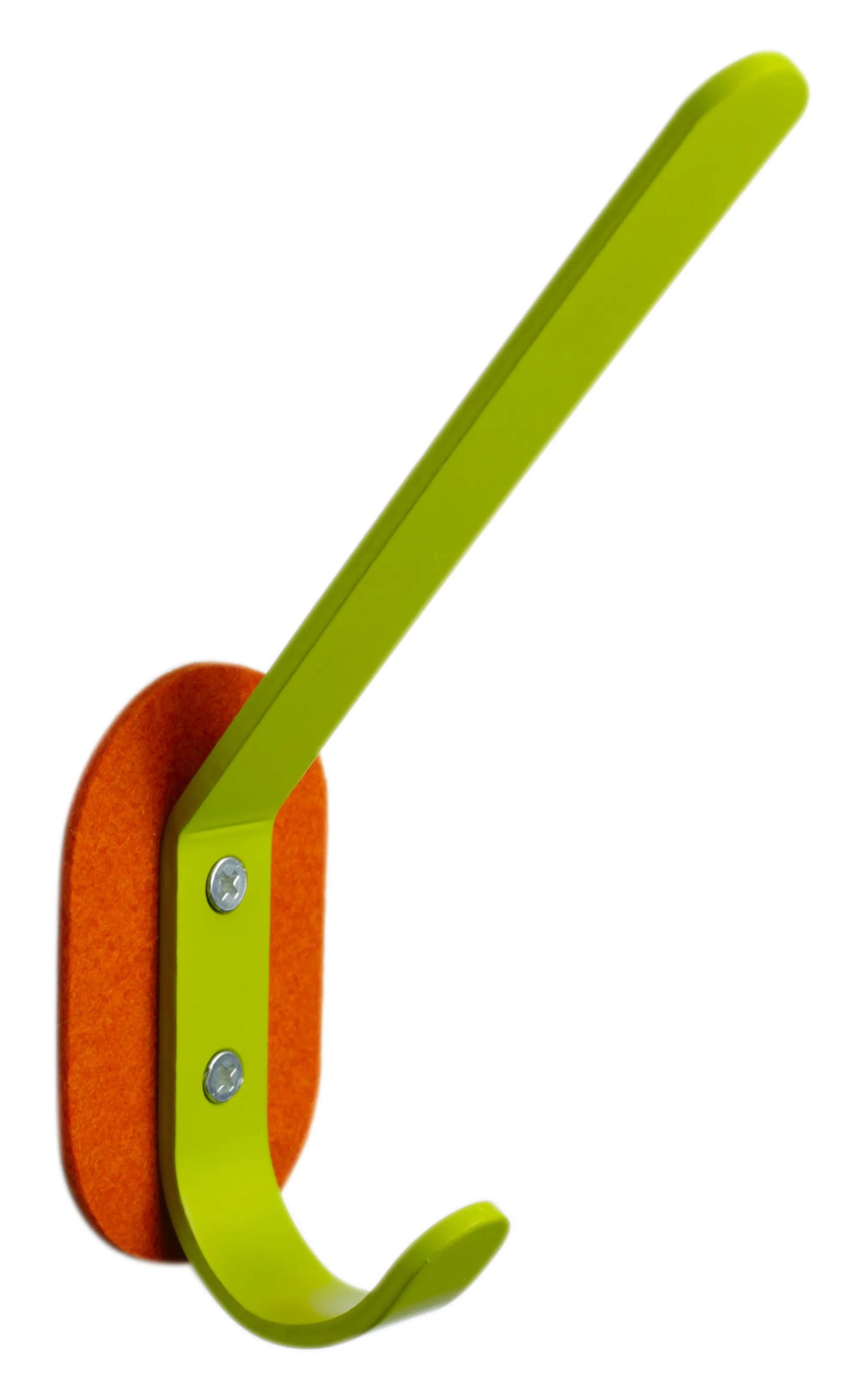 Grüner Huthaken mit orangefarbener Filz-Unterlage als moderner Garderobenhaken.