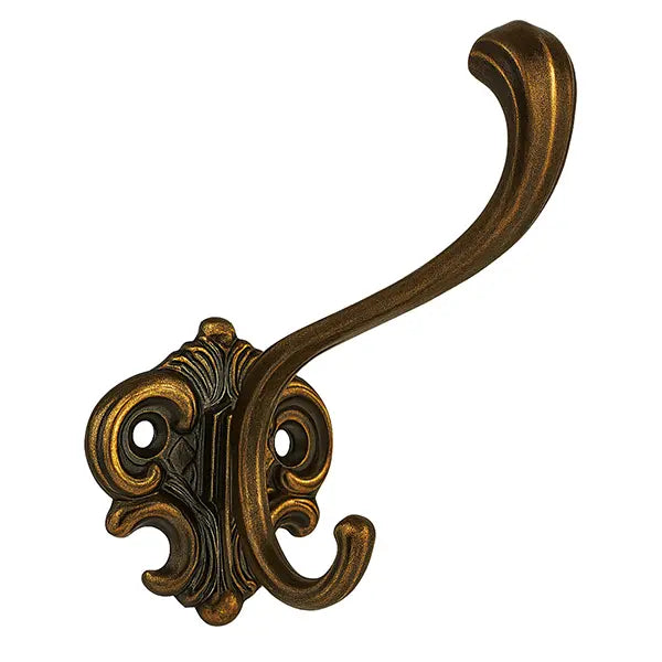 Barock-/Jugendstil-Huthaken in Messing brüniert mit verschnörkelter Wandplatte.