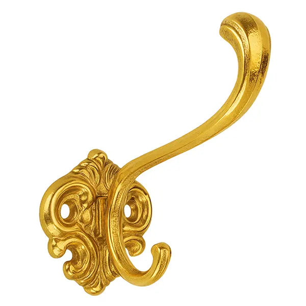 Klassischer Garderobenhaken mit verschnörkelter Wandplatte in Messing poliert, 1 Stück.