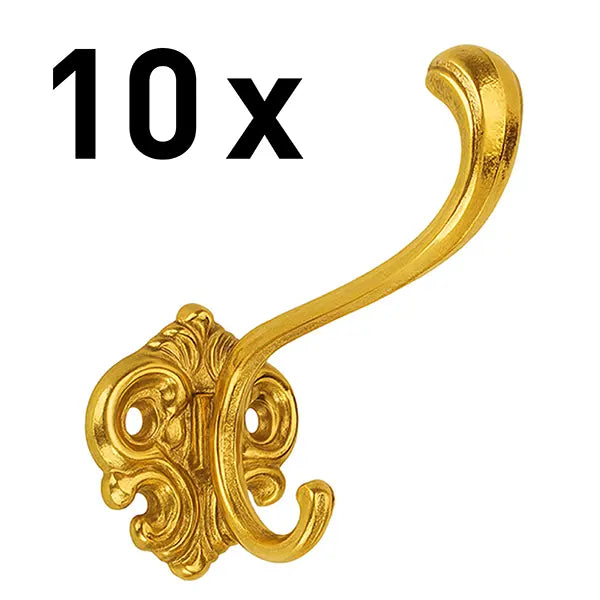 Klassischer Garderobenhaken mit verschnörkelter Wandplatte in Messing poliert, 10 Stück.