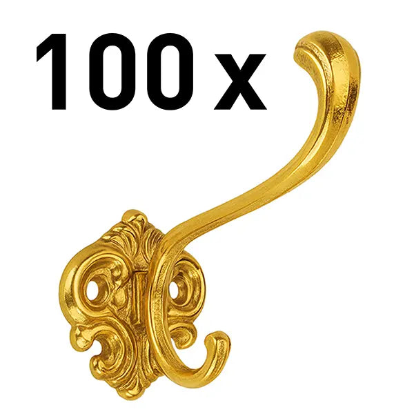 Klassischer Garderobenhaken mit verschnörkelter Wandplatte in Messing poliert, 100 Stück.