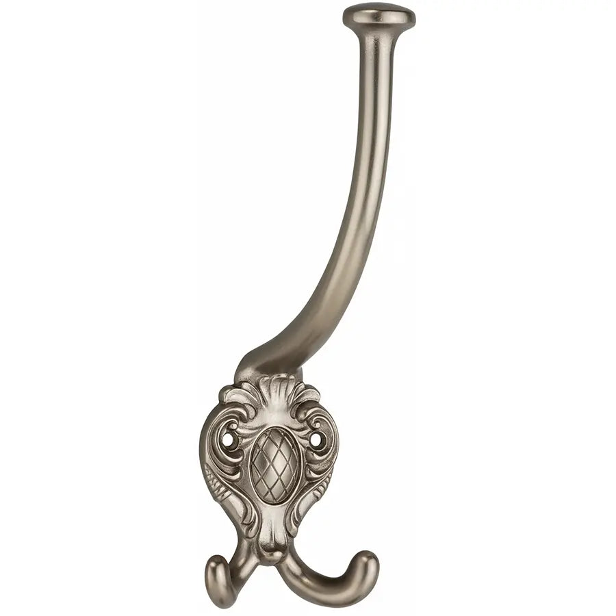 Antiker Huthaken aus Messing, matt vernickelt mit Rautenmuster, ideal für klassische und moderne Garderoben.
