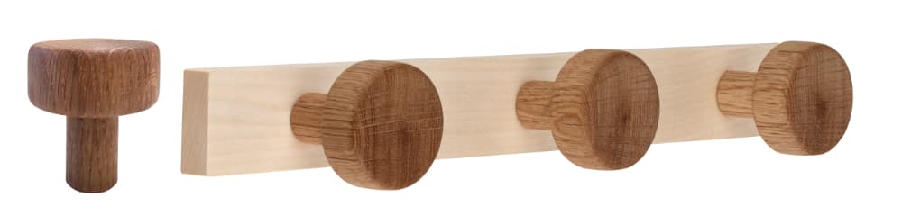 Ahorn-Garderobenleiste aus Holz mit 3 Eiche-Haken, Natur-Optik.