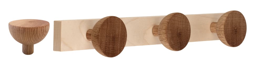 Ahorn-Garderobenleiste mit 3 abgerundeten Haken in Eiche.