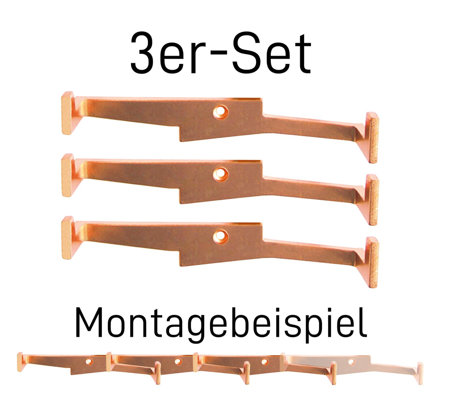 3er-Set Wandgarderobenhaken „Mäander“ aus kupferfarbenem Metall mit Montagebeispiel für eine fortlaufende Garderobenleiste.
