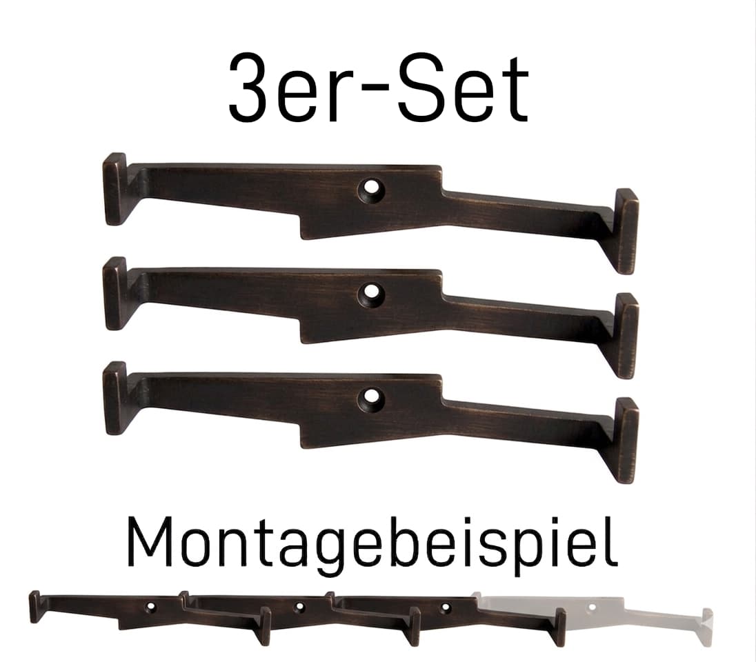 3er-Set Wandgarderobenhaken „Mäander“ aus bronzefarbenem Metall mit Montagebeispiel für eine fortlaufende Garderobenleiste.