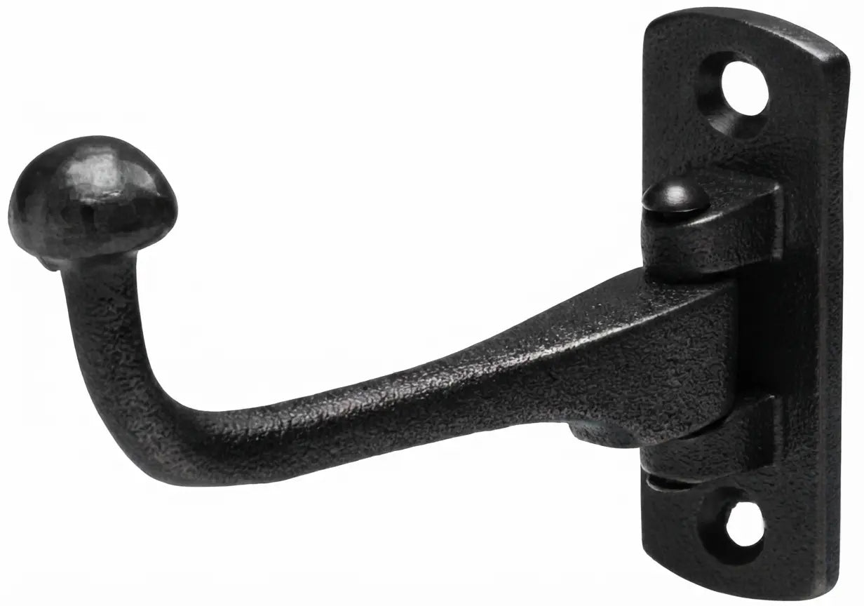 Garderobenhaken mit Schwenkarm und Abschluss-Kugel am Haken in Gusseisen schwarz.