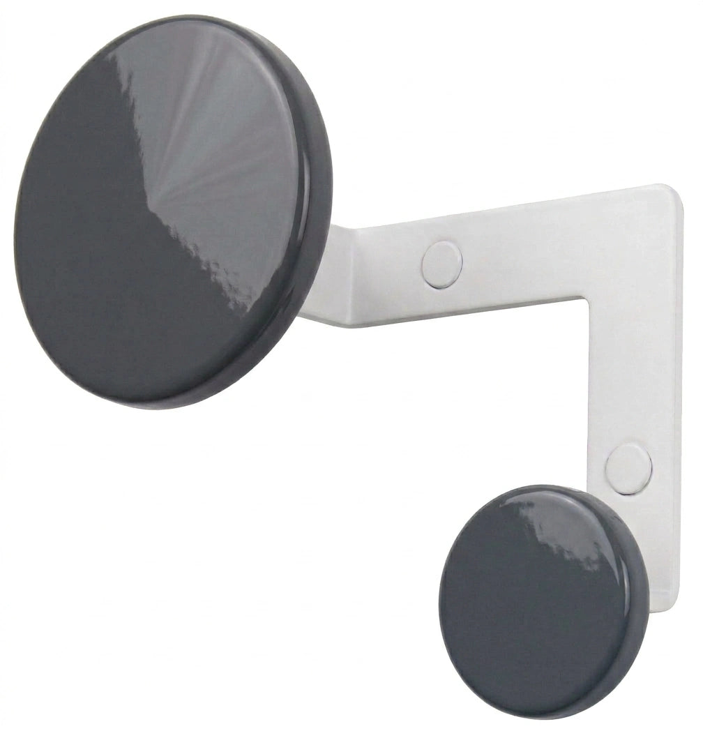 Elegante Planet Design Haken von Kirchhoff & Euwens als moderne Wandgarderobe in minimalistischer Optik, Variante Graphitgrau mit weißem Gestell.
