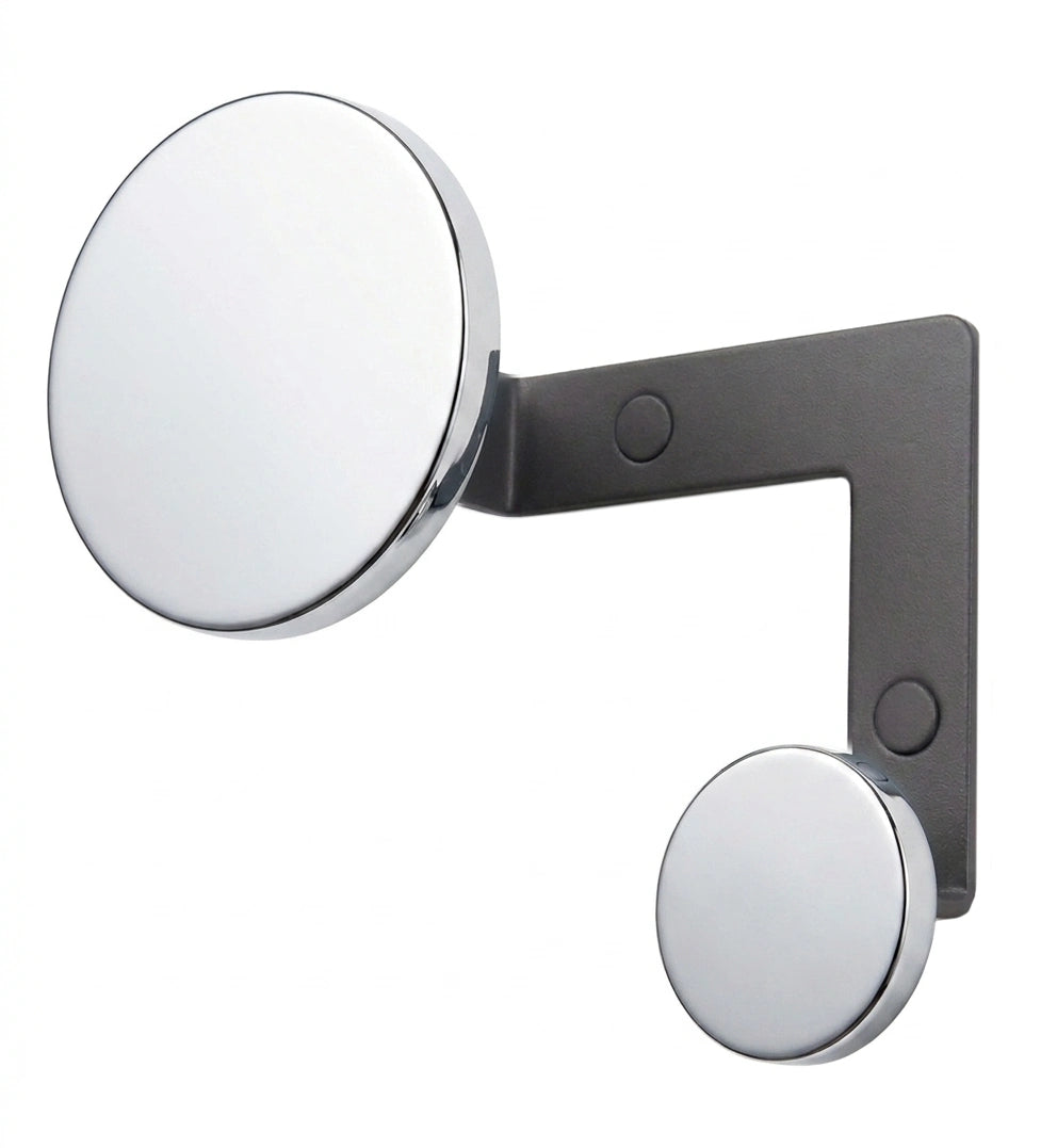 Elegante Planet Design Haken von Kirchhoff & Euwens als moderne Wandgarderobe in minimalistischer Optik, Variante Aluminium poliert mit grauem Gestell.