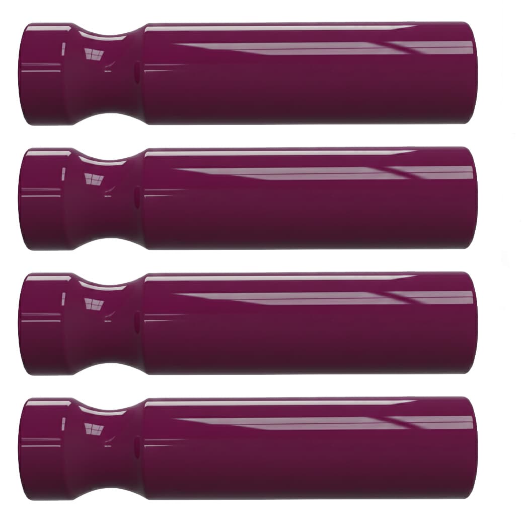 4er-Set zylindrische Garderobenhaken in dunklem Violett, glänzendes Finish mit umlaufender Einkerbung zur sicheren Aufhängung von Kleidung.