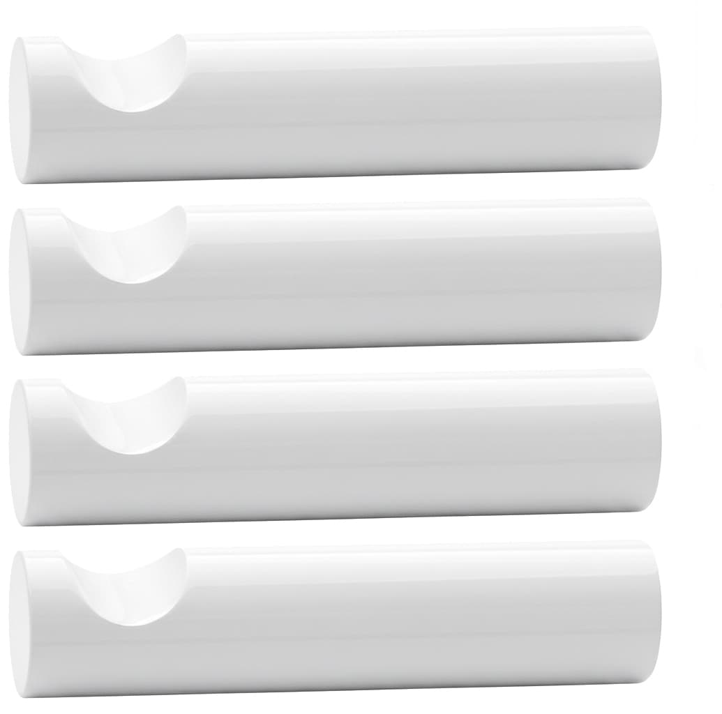 4er-Set moderne, glänzende Garderobenhaken in Weiß, mit tiefer, halbrunder Mulde zum Aufhängen, minimalistisches Design.