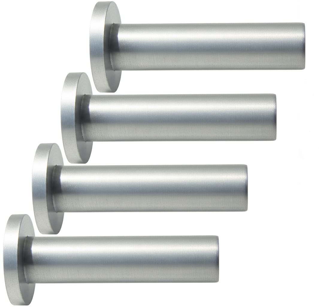 4er-Set moderne, zylindrische Garderobenhaken in glänzendem Aluminium gebürstet mit runder Wandrosette für eine stabile Montage.