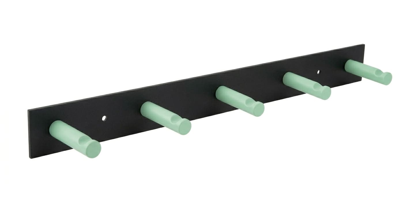 Filigrane schwarze Aluminium Hakenleiste mit fünf mintfarbenen Stabhaken mit Kerbe