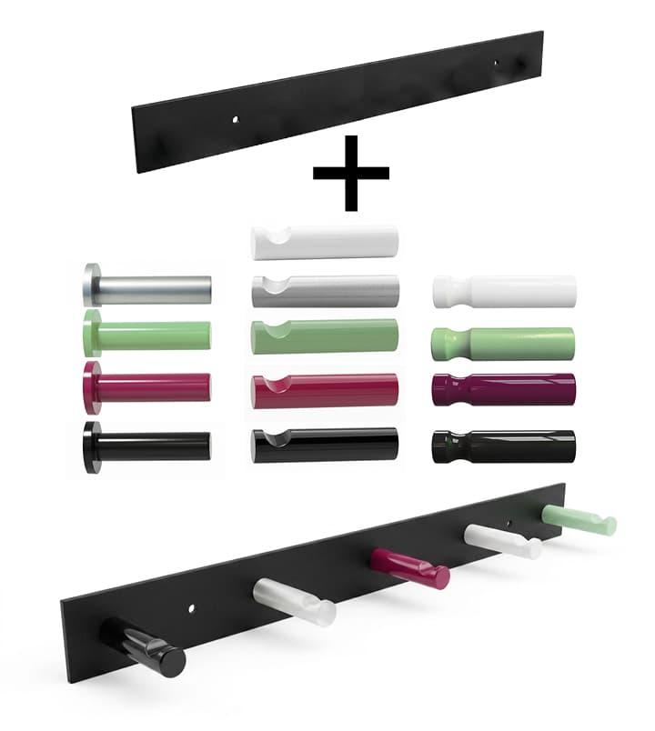 Erklärbild: Individuelle Garderobenleiste konfigurieren – Schwarze Basisleiste mit verschiedenen Haken-Modellen in Farben wie Mint, Magenta und Schwarz