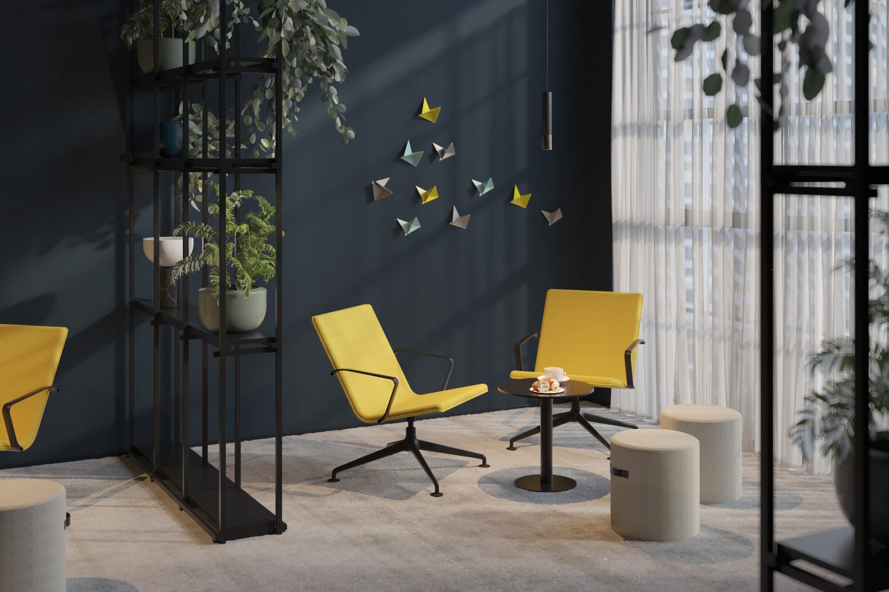 Moderne Objektausstattung: Farbige Origami-Designhaken an einer dunklen Wand in einer Lounge-Situation mit gelben Sesseln.