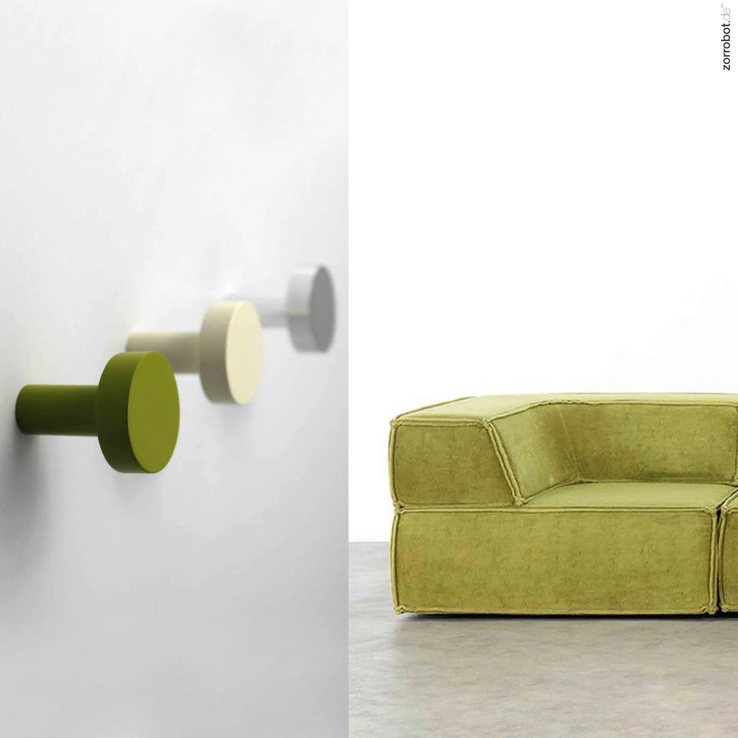 Scheibenhaken "Peking" in Olivgrün, Cremeweiß und Silber eloxiert an der Wand, daneben ein farblich passendes grünes Sofa.