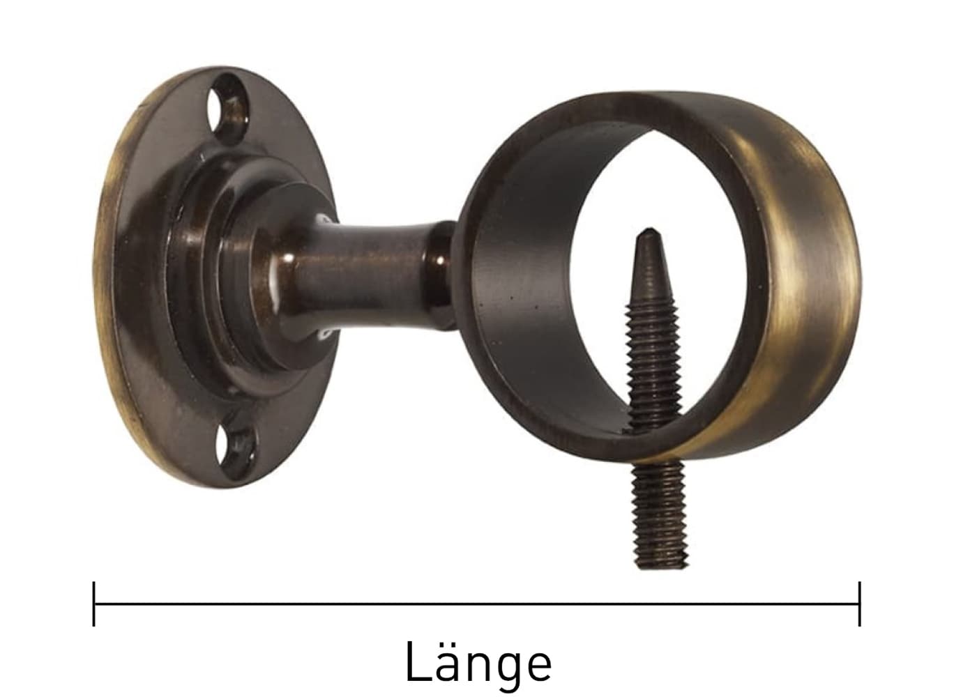 Technische Detailansicht eines Wandhalters für Absperrseile in Messing-Antik mit eingeblendeter Maßlinie zur Angabe der Gesamtlänge.